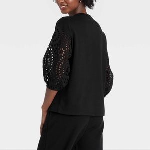 Women's Long Sleeve Round Neck Eyelet Top - A New Day™ Black S